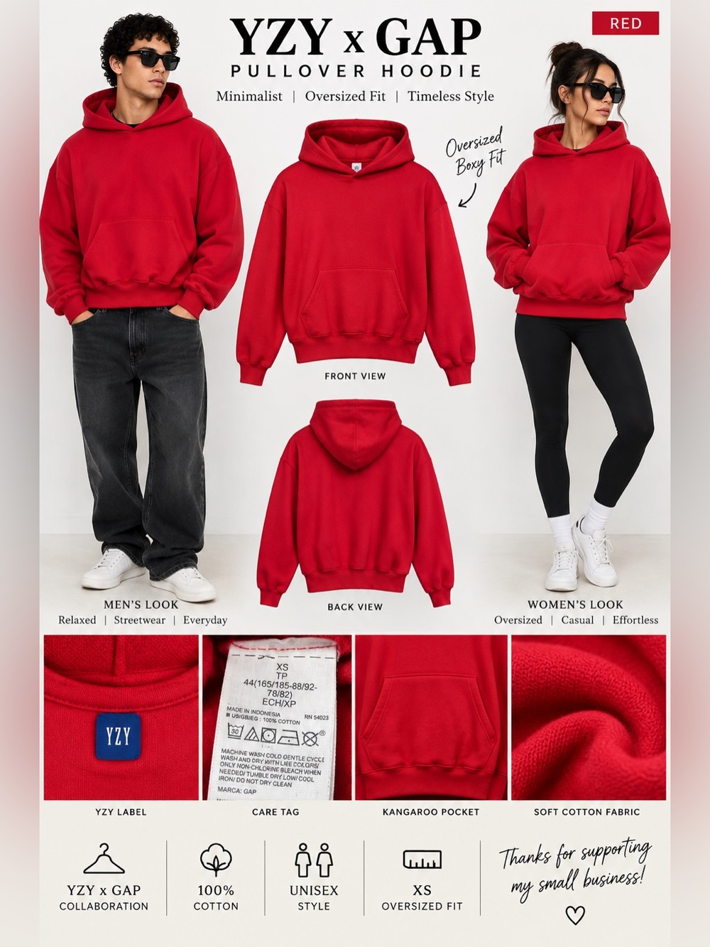 YZY x GAP Yeezy Gap Red Pullover Hoodie XS Oversized Boxy 100% Cotton